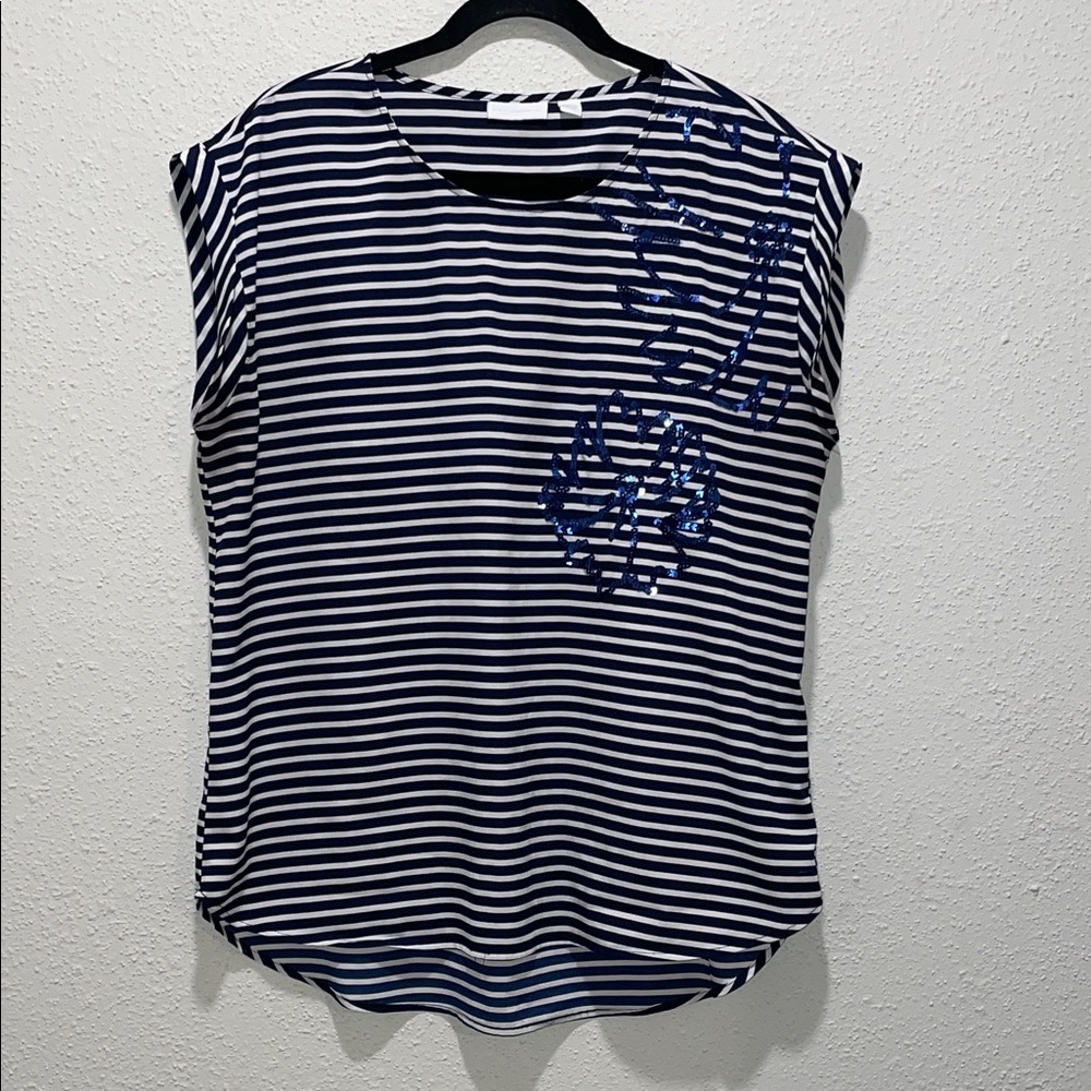 New York & Company Navy and White Striped Tee